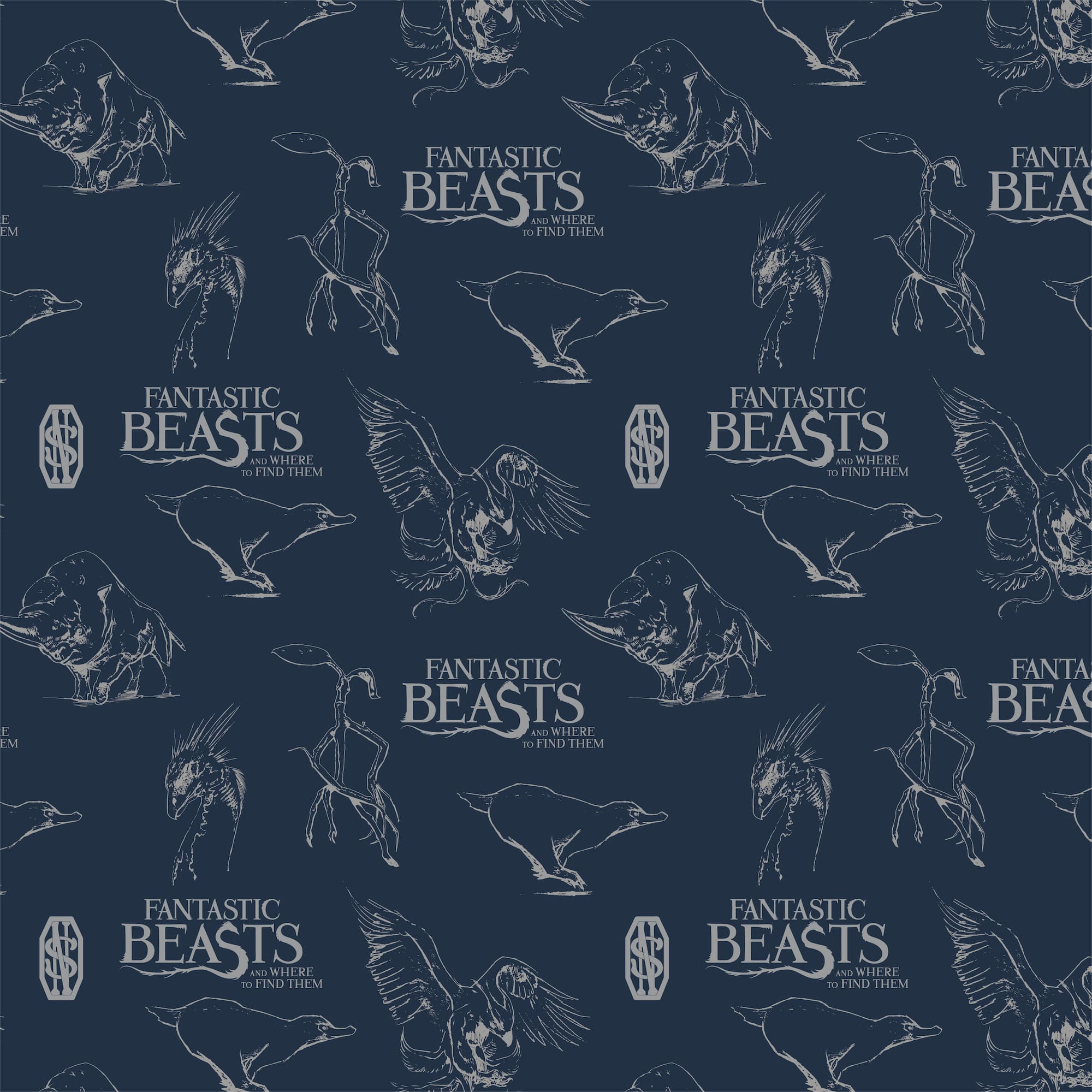 Harry Potter™ Metallic Fantastic Beasts™ Logo & Creatures on Navy Cotton Fabric